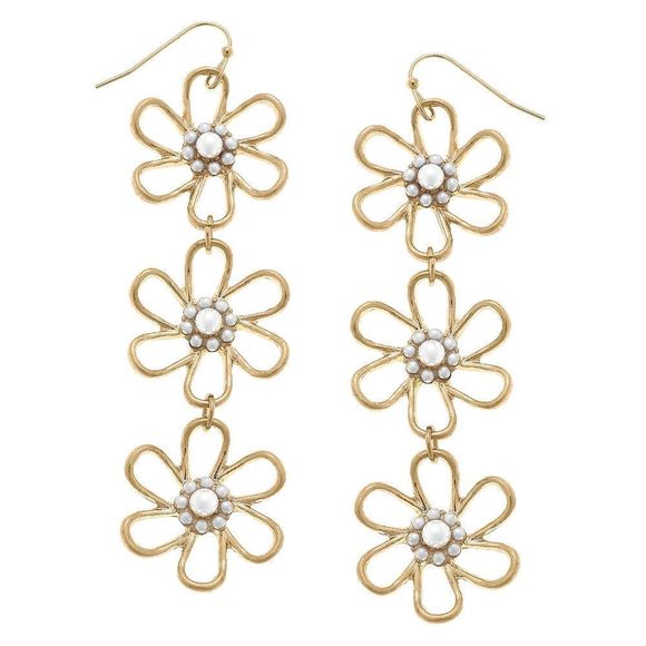 Pearl & Gold Flower Drop Earrings | Romantic Statement Jewelry - Picture 2 of 5